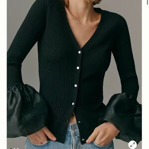 Anthropologie Black Cardigan with Satin Sleeves